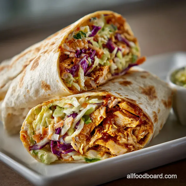 BBQ chicken wrap halves plated, showcasing creamy coleslaw, tender chicken, and a drizzle of BBQ sauce.