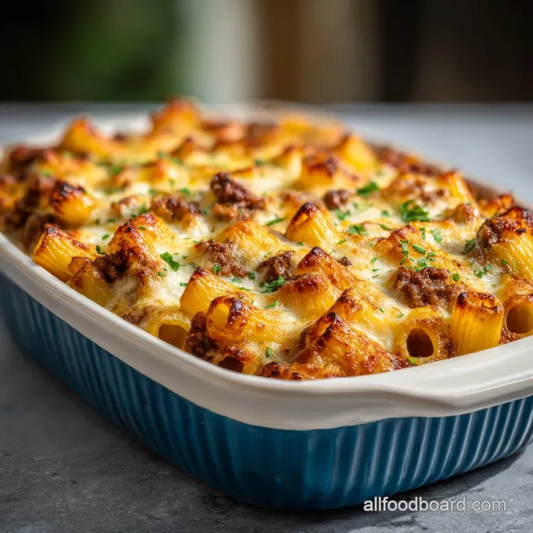 A serving of rigatoni bake, steam rising, with melted cheese pull and fresh basil sprig on a white plate, inviting and warm.
