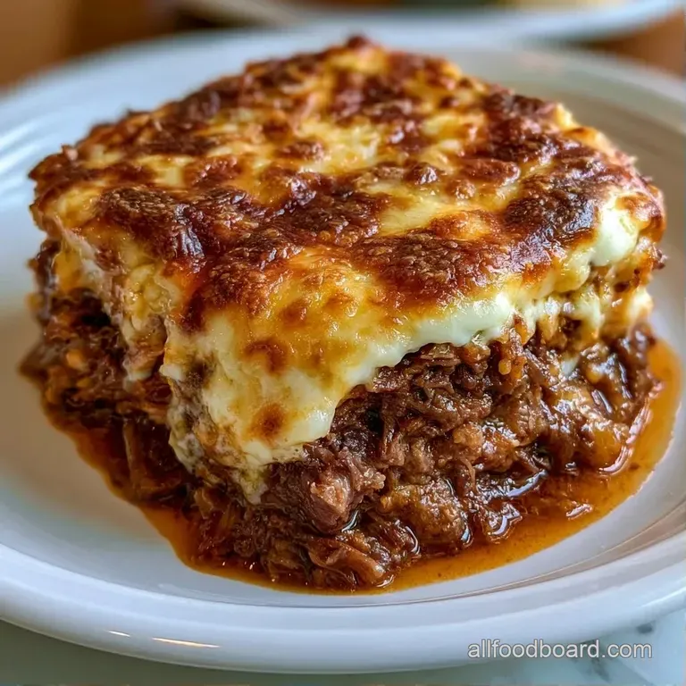 A neat square slice of layered pasta with rich brown meat sauce and creamy ricotta on a minimalist white ceramic plate.