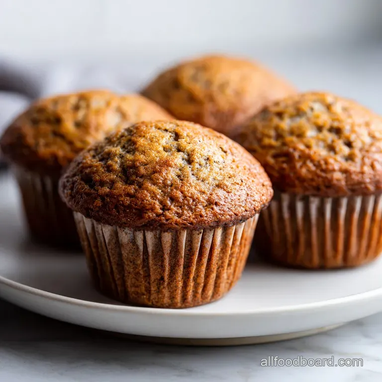 A single, moist banana muffin, sliced to show the fluffy interior, with visible specks of banana, ready to be enjoyed with...