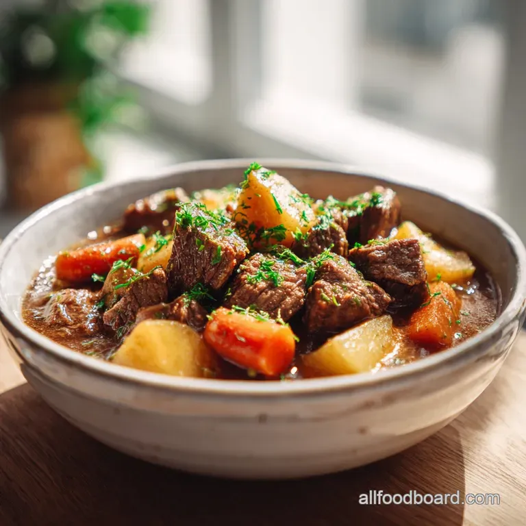 A rustic bowl filled with savory beef stew, garnished with fresh parsley. Warm steam rises, inviting you to take a bite.
