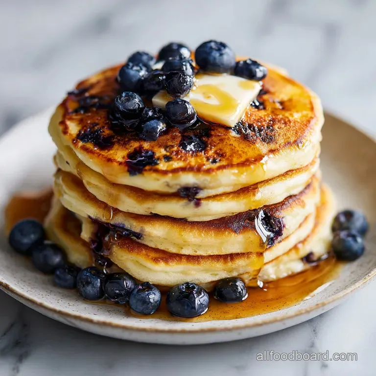 Neatly stacked golden cakes on a white porcelain plate, topped with a melting butter cube and fresh berries.