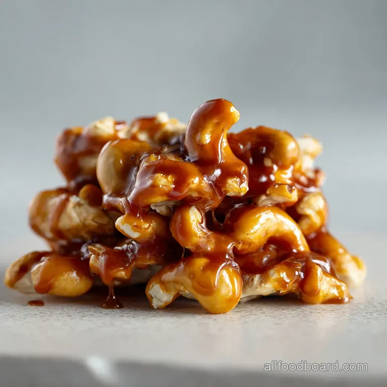 Elegant plate of caramel cashew clusters. Warm, rich caramel hues with the contrasting textures of nuts. A refined and del...