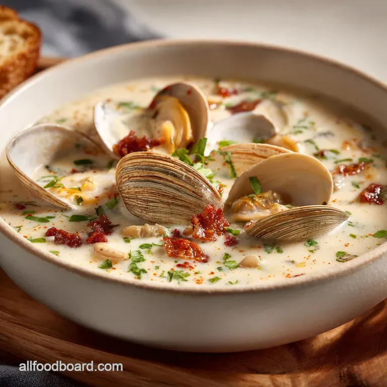 Elegant bowl of clam chowder with glistening broth, tender clams, and a sprig of thyme. Steam rises invitingly.