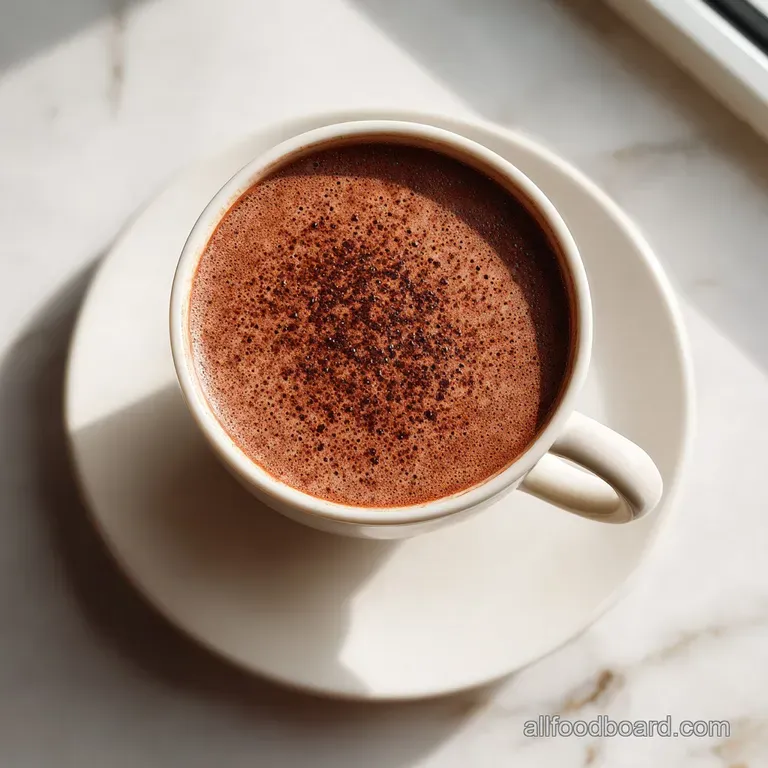 Steaming mug of hot cocoa with a frothy top, garnished with chocolate shavings and a cinnamon stick on a wooden coaster.