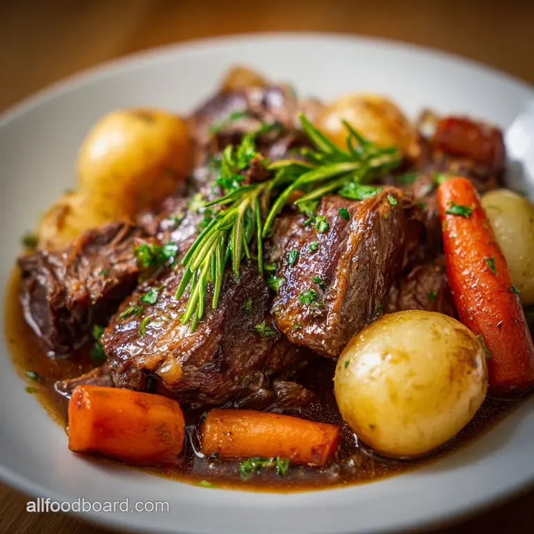 Elegant plate with a thick slice of juicy pot roast atop creamy mashed potatoes and vibrant, tender vegetables, drizzled w...
