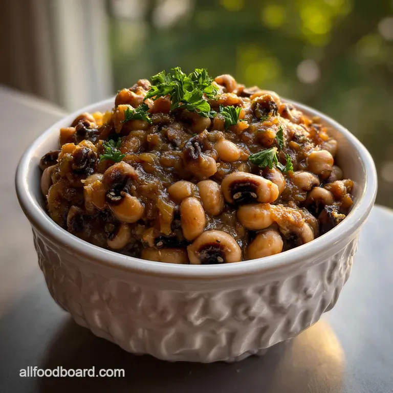 A portion of buttery black-eyed peas, plated elegantly beside collard greens. The dish is topped with a sprinkle of fresh ...