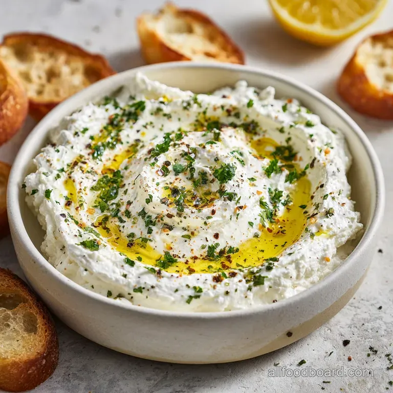 Creamy whipped feta artfully spread on a rustic wooden board, garnished with fresh herbs and a drizzle of olive oil, elega...