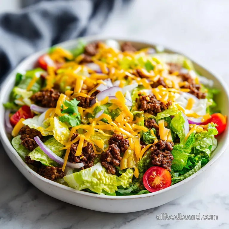 Plated Big Mac salad featuring stacked ground beef, lettuce, tomatoes, and pickles, drizzled with creamy sauce for an invi...