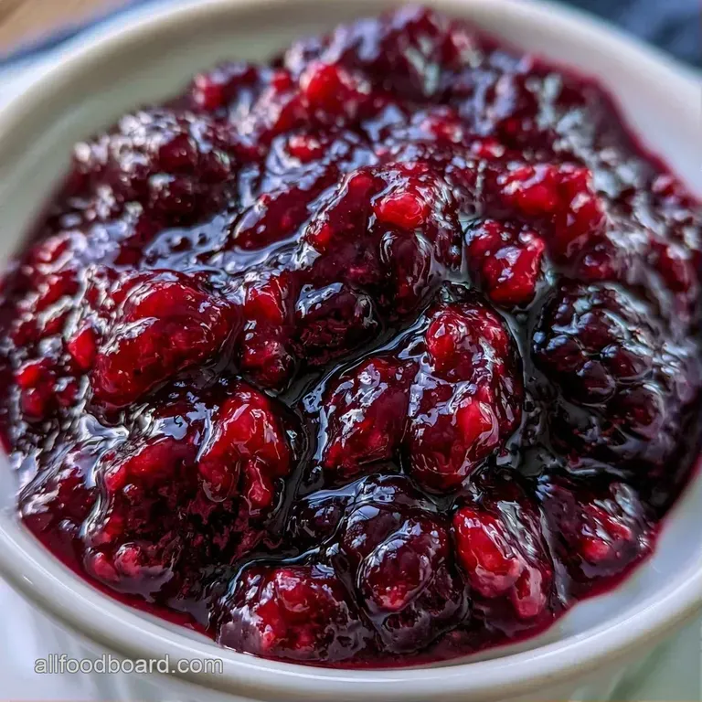 Thick, dark purple fruit spread glistening on a slice of golden toasted sourdough bread with melted butter.
