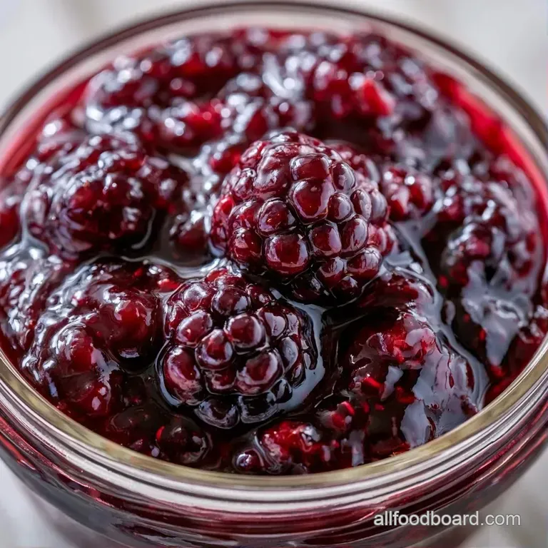 Thick dollop of dark purple berry preserves on toasted sourdough bread with a pat of melting golden butter.