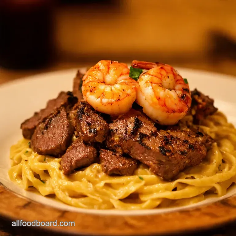 Blackened Steak and Shrimp Alfredo A Taste of the South with an Italian Twist presentation