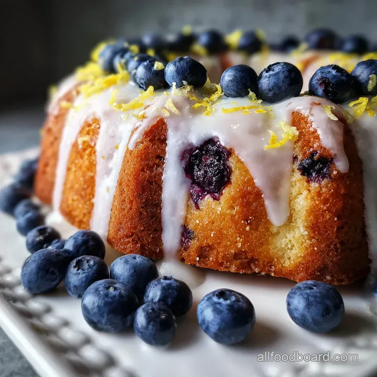 Slice of moist coffee cake on a white plate, bursting with blueberries. Lemon glaze glistens, hint of powdered sugar adds ...