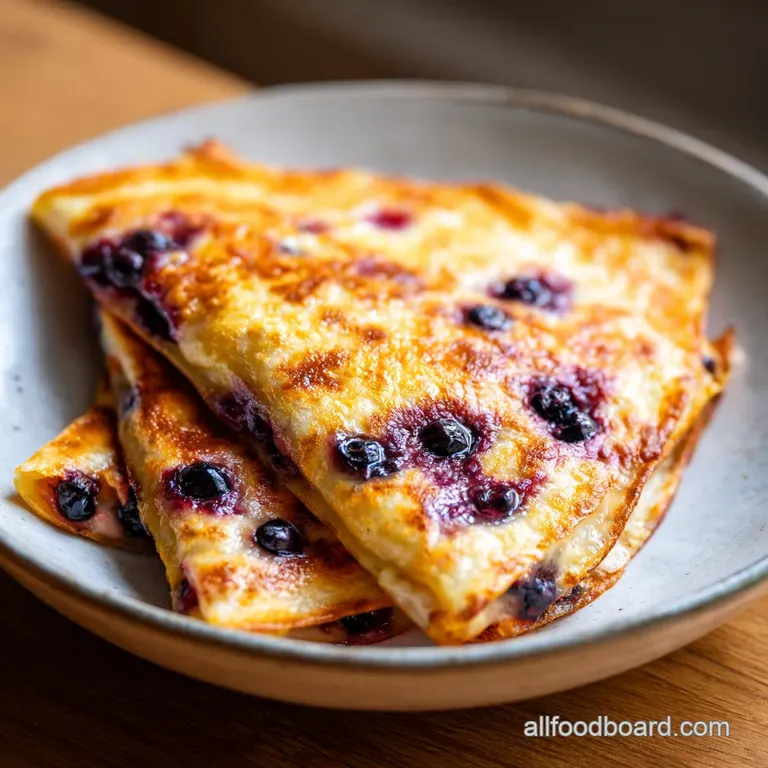 Cut quesadilla wedges, revealing vibrant blueberries and cream cheese, dusted with powdered sugar.