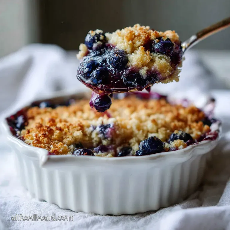A scoop of golden, crumbly crisp topped with a swirl of vanilla ice cream on a white plate.