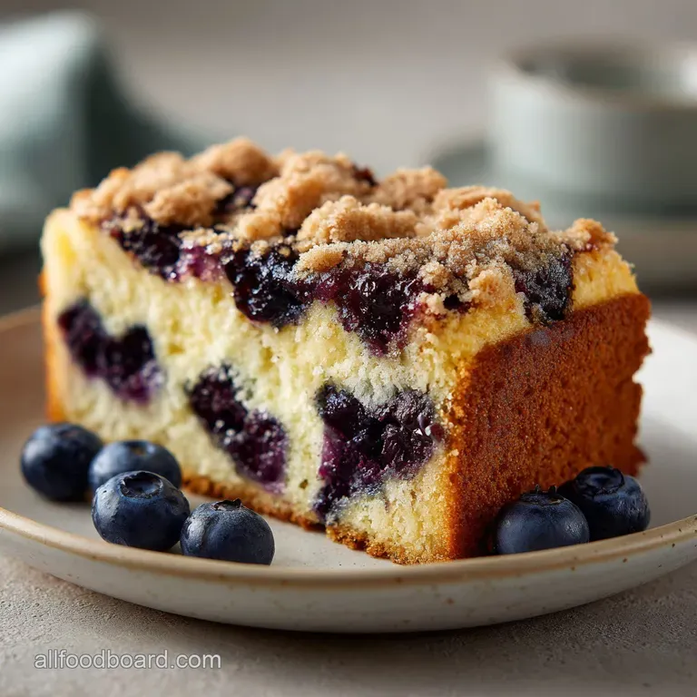 A slice of blueberry coffee cake reveals a tender crumb, topped with golden streusel. Plated elegantly.