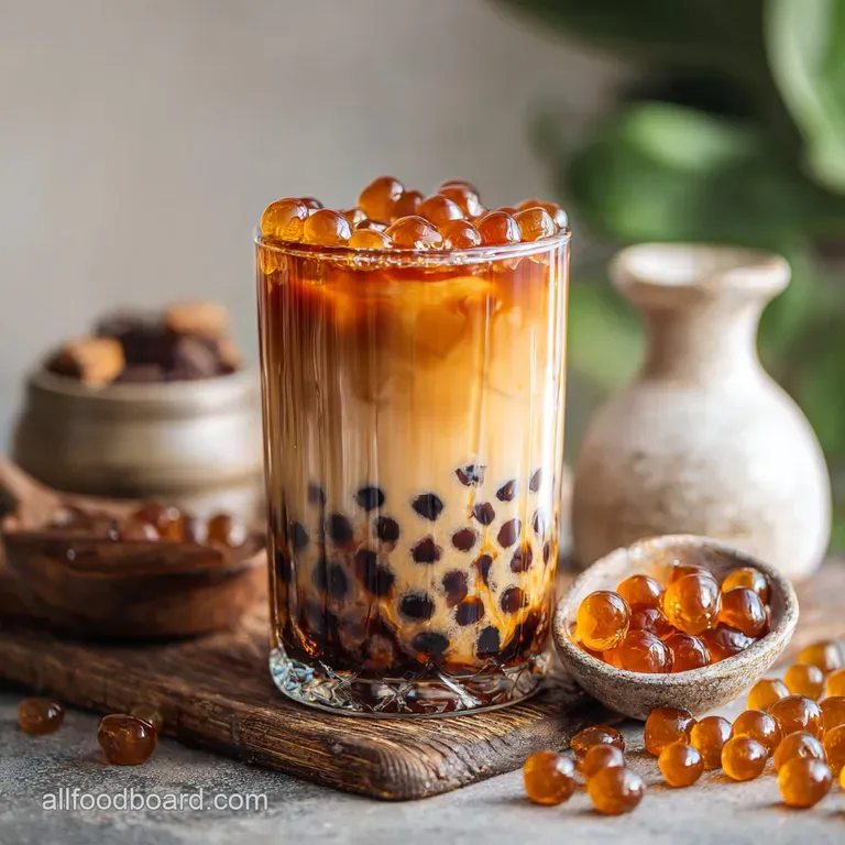 Elegant arrangement of glossy black boba pearls in a clear glass, layered with frothy milk tea. Side garnish of star anise.