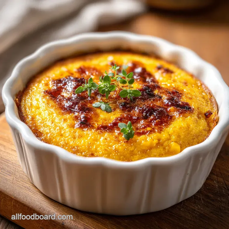 A scoop of creamy corn pudding with a delicate crust, topped with a sprig of parsley.
