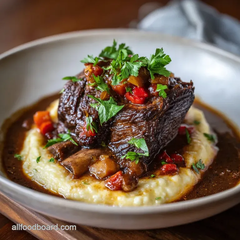 Plated short rib with a fork tender texture, resting on a bed of creamy polenta and garnished with vibrant green parsley.