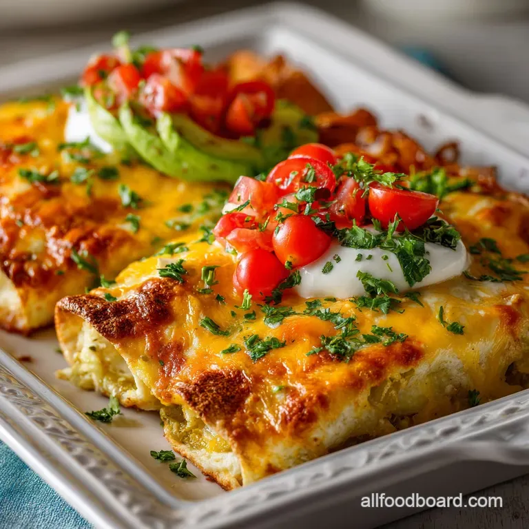 Two breakfast enchiladas plated with a dollop of creamy sour cream and a sprinkle of fresh herbs, ready to be enjoyed.