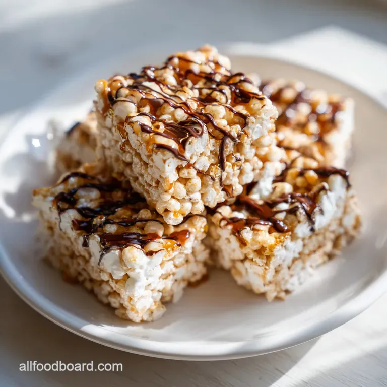 Chewy cereal squares artfully arranged on a rustic wooden board, dusted with fine sugar crystals.