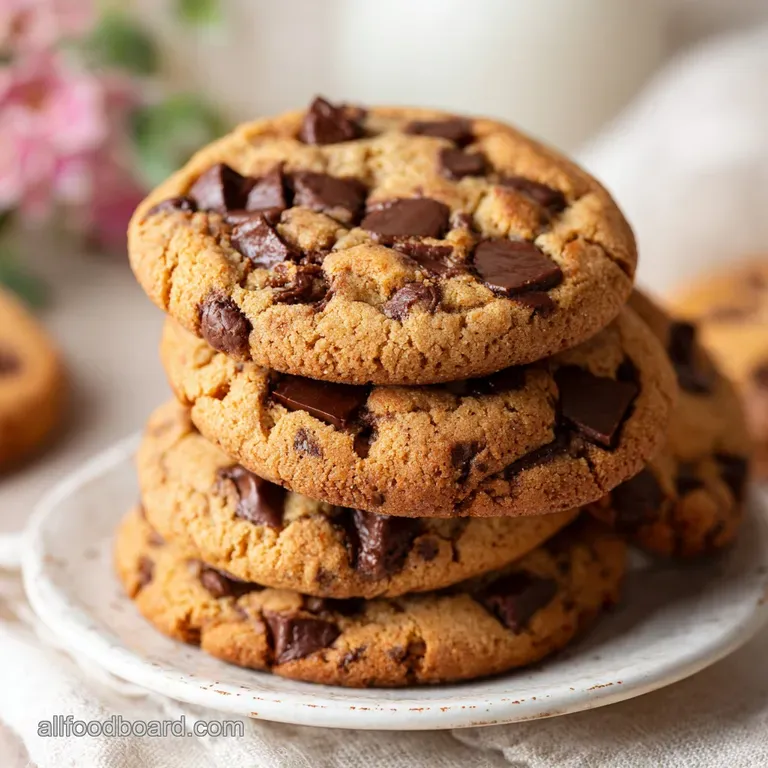 Stack of browned butter chocolate chip cookies on a rustic plate, dusted with flaky sea salt, inviting warmth and sweet in...