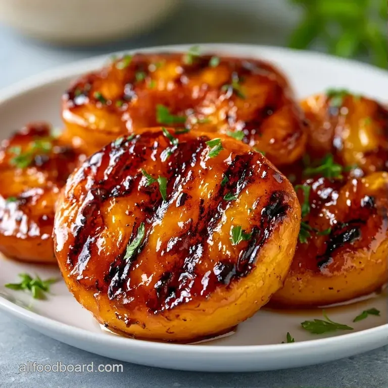 Charred peach halves drizzled with syrup, served elegantly with a scoop of vanilla ice cream and mint.