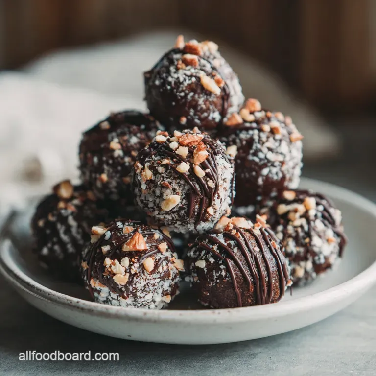 Three rich brownie truffles with a swirl of cream cheese frosting on a white plate, sprinkled with cocoa dust.
