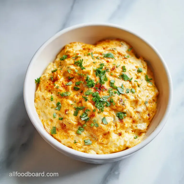 A serving spoon scoops creamy, cheesy buffalo chicken dip from a rustic bowl, garnished with celery.