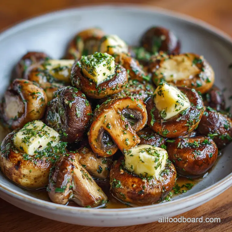 Perfectly plated sauteed mushrooms with fresh herbs. A pat of butter melts, glistening on the earthy dish.