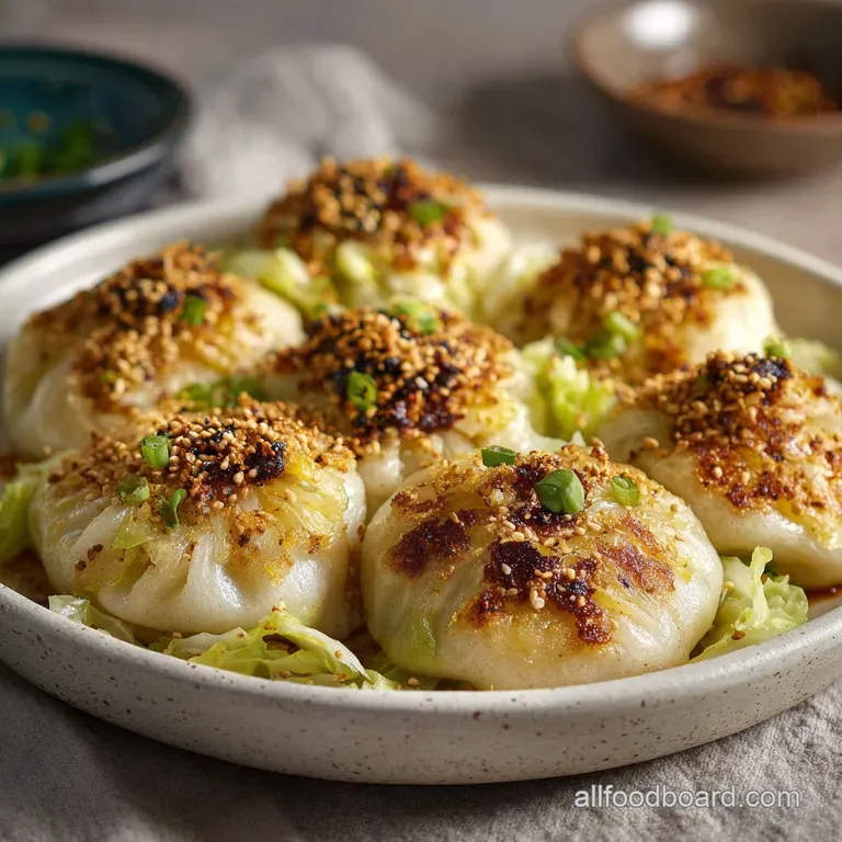 Two perfectly browned cabbage noodle buns plated with vibrant greens, steam rising, hinting at warm, soft interiors.