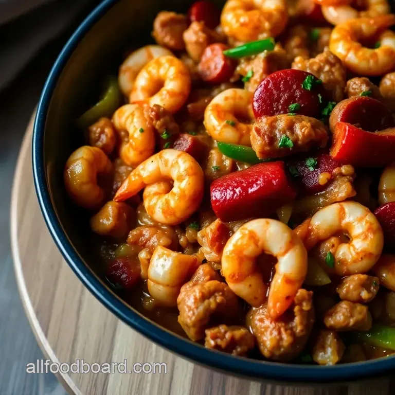 Cajun Comfort: Classic Jambalaya with Chicken Shrimp and Andouille Sausage presentation