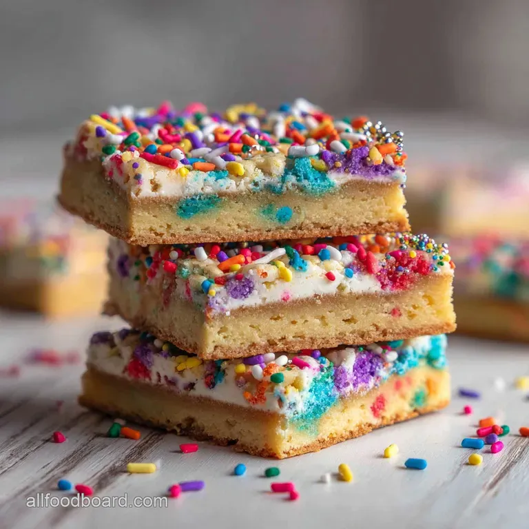Neatly cut cookie bars with a soft, chewy texture and rainbow sprinkles arranged on a white plate, inviting dessert.