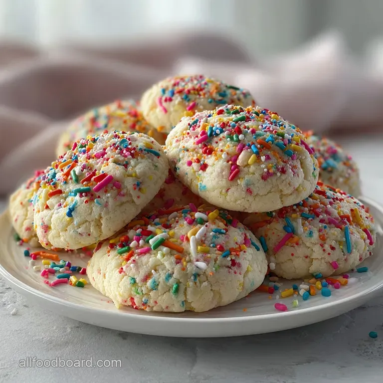 Stack of soft cake mix cookies, slightly cracked and dusted with powdered sugar, presented on a rustic wooden board, invit...