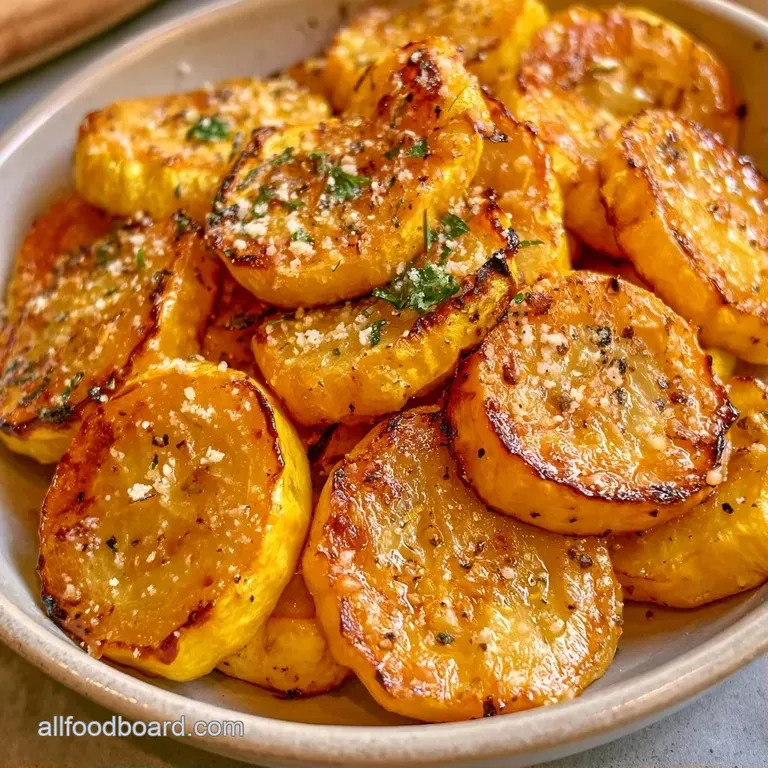 Sliced yellow squash arranged in a neat spiral, topped with a sprig of thyme and a sprinkle of flaky sea salt
