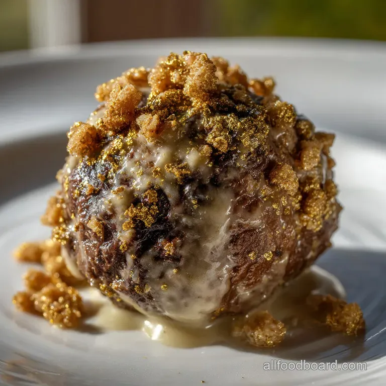 Elegant dessert plate with a rich chocolate tart, garnished with delicate gold leaf and a swirl of whipped cream, artfully...