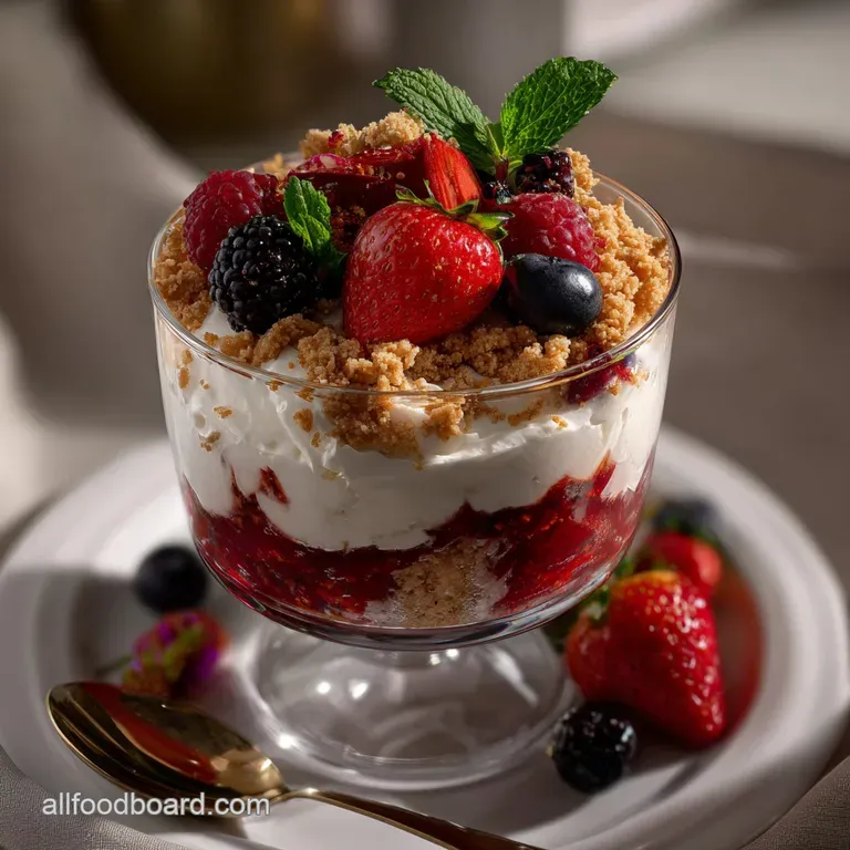 Elegant parfait in a flute glass. Sparkling champagne with vibrant red berries and creamy layers, perfect for a New Year's...