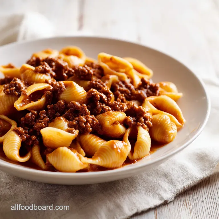 A shallow ceramic bowl of cheesy pasta shells and savory ground beef topped with melted cheese and fresh green herbs.