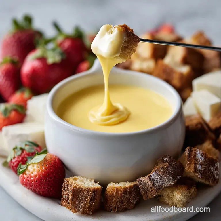 Golden, bubbling cheese fondue served in a rustic pot, alongside an artful arrangement of crusty bread and colorful fruit ...