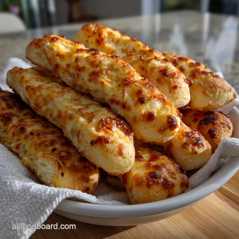 Warm, golden-brown breadsticks arranged artfully on a white plate, glistening with melted cheese. Soft, inviting texture.