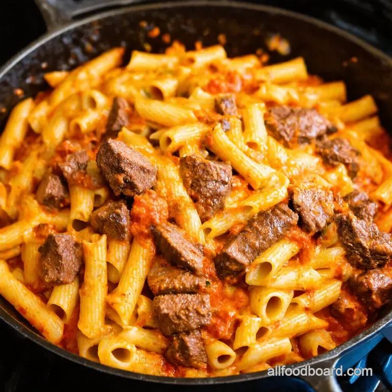 Cheesy Spicy Cajun Steak and Pasta Skillet presentation