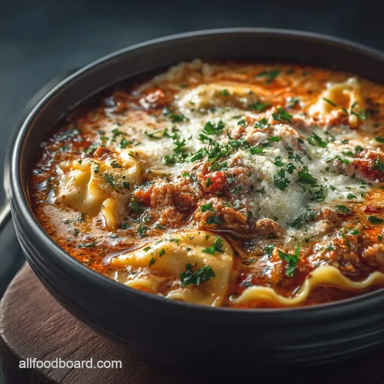 The Big Hug in a Bowl Rich Cheesy Lasagna Soup presentation