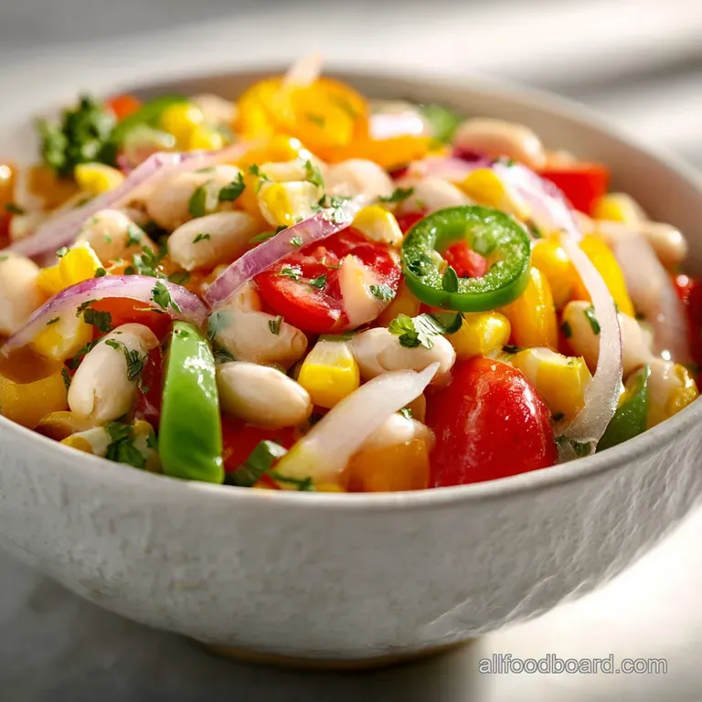 Artfully arranged cold salad on a white plate, showcasing colorful vegetables and creamy dressing. A refined, appetizing d...