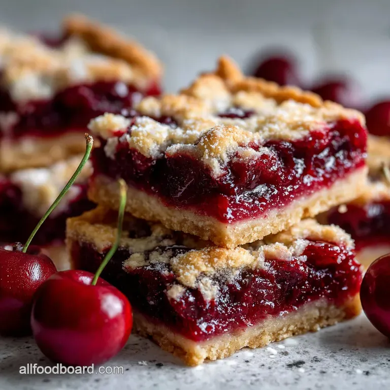 Slice of cherry pie bar on a white plate, bright red filling peeking through the golden crust, dusted with powdered sugar.