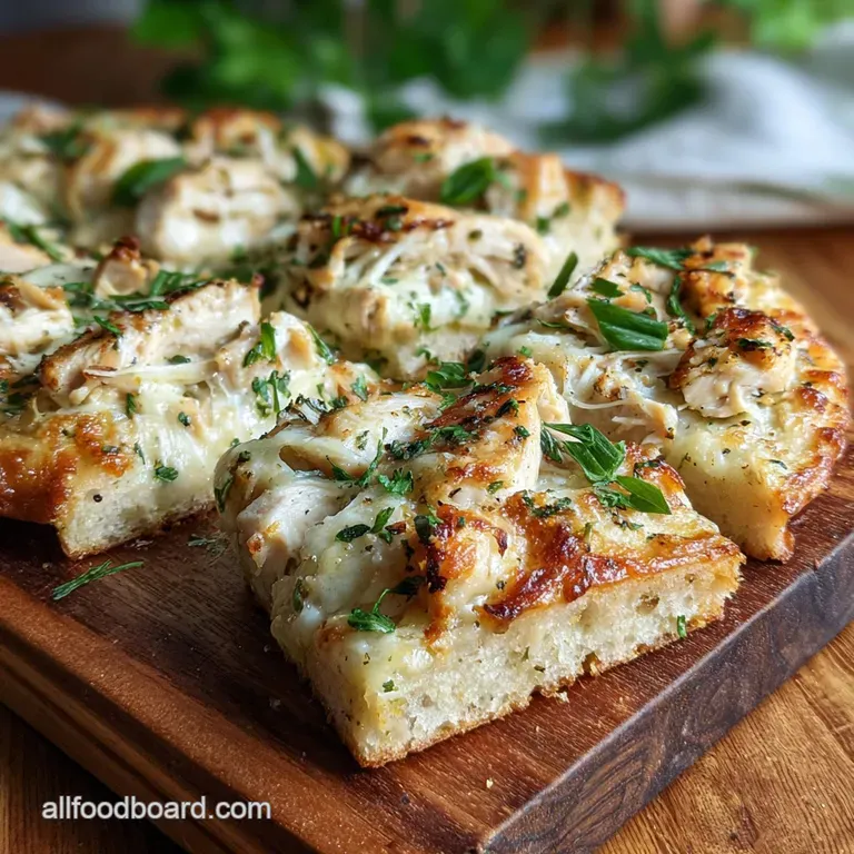 Slice of Chicken Alfredo Pizza on a white plate. Steam rises from the creamy sauce, melting cheese, and juicy chicken pieces.