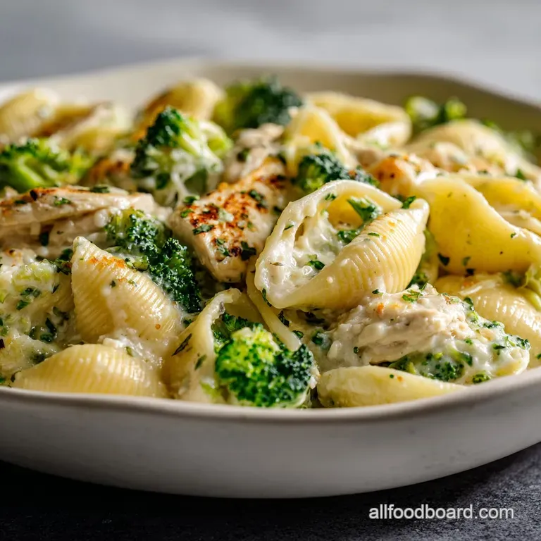 A perfectly portioned plate of Alfredo-coated pasta shells oozing with cheese, alongside tender, bright green broccoli.