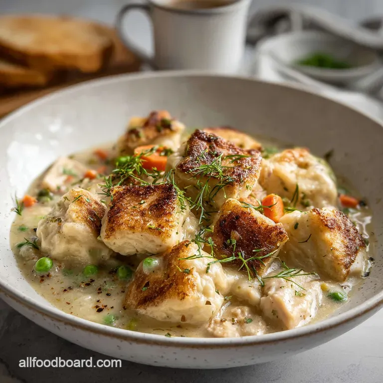 Close-up of a single serving of chicken and dumplings in a bowl, garnished with fresh parsley and a swirl of cream.