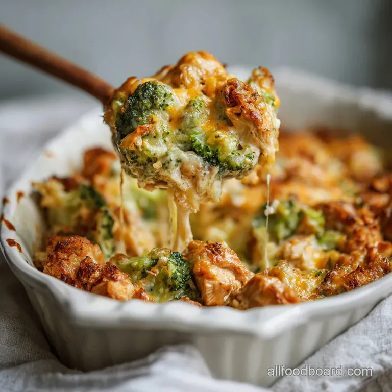 Scoop of savory chicken broccoli casserole, topped with a sprinkle of fresh parsley.