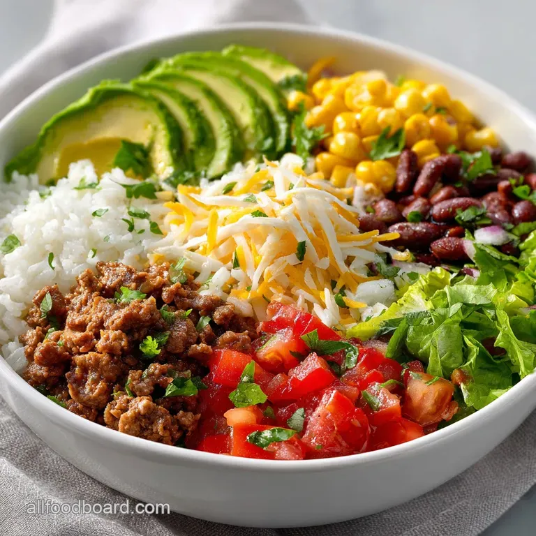 A neatly arranged burrito bowl featuring vibrant green cilantro, juicy red salsa, and creamy avocado slices on fluffy rice.
