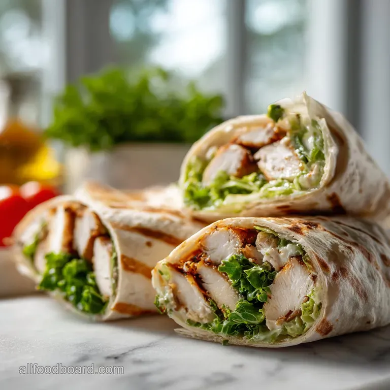 Chicken Caesar wrap half sits upright, showcasing creamy sauce, tender chicken, and vibrant greens bursting from a soft, g...